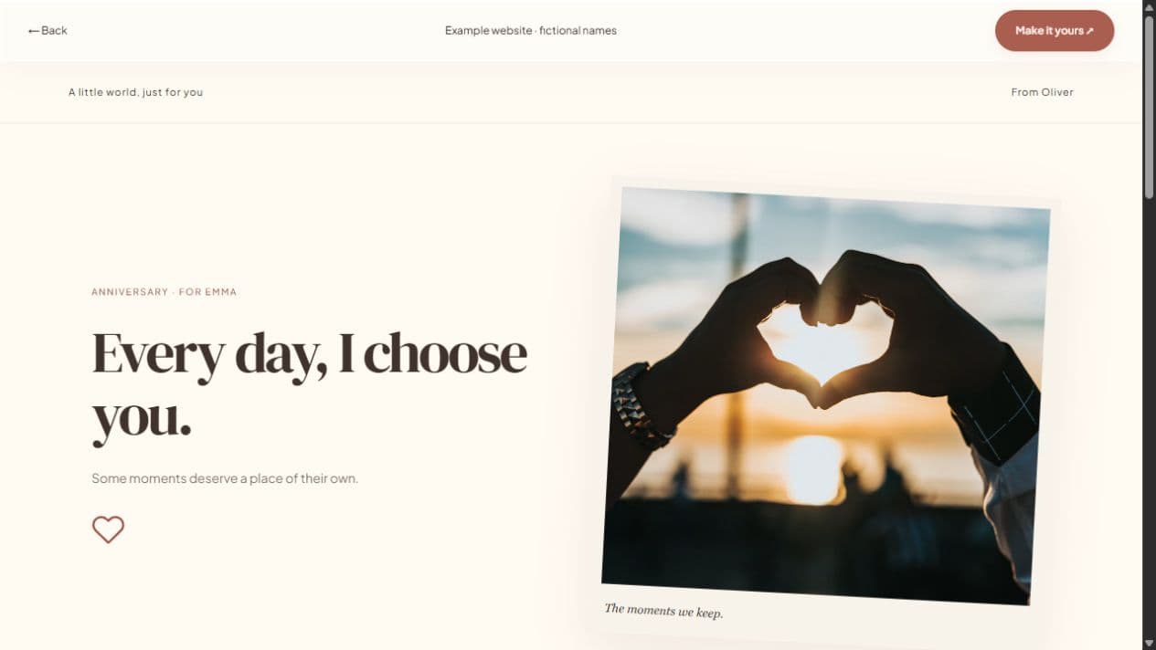 Fictional anniversary website showing a cover photograph and personal headline
