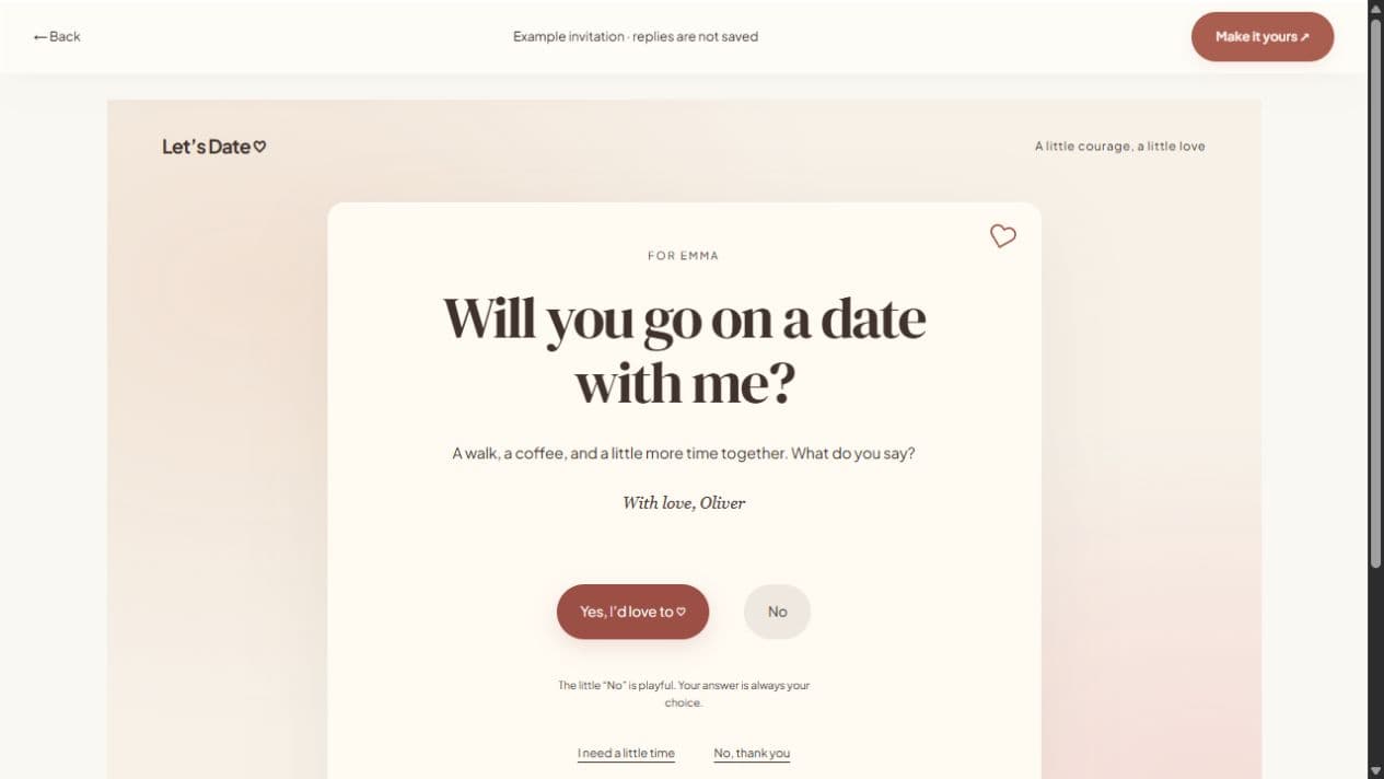 Fictional Let’s Date invitation with a personal question and voluntary reply choices
